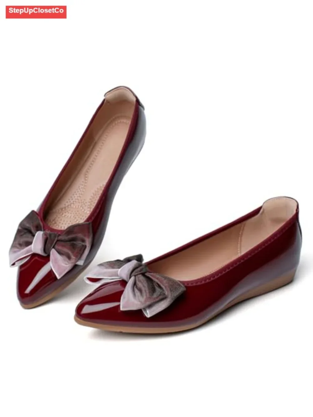 Faux Leather Pointed Toe Ballet Flats with Bow Slip On Dressy Flats